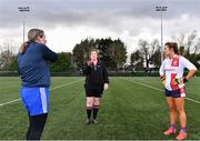 11 March 2022; Referee Kelly Cunningham makes the toss watched by captains Aoife McColgan of Letterkenny IT, left, and Aisling Forde of MTU before the Yoplait LGFA Moynihan Cup Final match between Letterkenny IT, Donegal, and MTU, Cork, at DCU Dóchas Éireann Astro Pitch in Dublin. Photo by Sam Barnes/Sportsfile