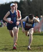 12 March 2022; Darragh Mulrooney of J&M Enniscrone, Mayo, right, beats Jamie Byrne of Wesley College, Dublin, to the finish line in the intermediate boys 5000m during the Irish Life Health All-Ireland Schools Cross Country at the City of Belfast Mallusk Playing Fields in Belfast. Photo by Ramsey Cardy/Sportsfile