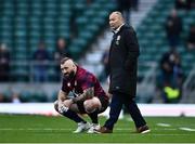 12 March 2022; England head coach Eddie Jones, right, and Joe Marler before the Guinness Six Nations Rugby Championship match between England and Ireland at Twickenham Stadium in London, England. Photo by David Fitzgerald/Sportsfile