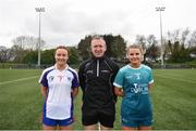 12 March 2022; Referee Brendan Rice with team captains Áine Keane of Mary Immaculate College, left, and Aoife Nic Chormaic of TU Dublin during the Yoplait LGFA Giles Cup Final match between TU Dublin and Mary Immaculate College at DCU in Dublin. Photo by Eóin Noonan/Sportsfile