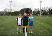 12 March 2022; Referee Brendan Rice with team captains Áine Keane of Mary Immaculate College, left, and Aoife Nic Chormaic of TU Dublin during the Yoplait LGFA Giles Cup Final match between TU Dublin and Mary Immaculate College at DCU in Dublin. Photo by Eóin Noonan/Sportsfile