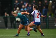 12 March 2022; Eimear Quigley of TU Dublin in action against Ciara O'Brien of Mary Immaculate College during the Yoplait LGFA Giles Cup Final match between TU Dublin and Mary Immaculate College at DCU in Dublin. Photo by Eóin Noonan/Sportsfile