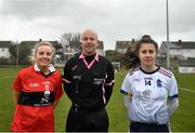 12 March 2022; Referee Jonathan Murphy with captains Emma Cleary of UCC and Fiadhna Tangney of UL before the Yoplait LGFA O'Connor Cup Final match between UCC and UL at DCU in Dublin. Photo by Eóin Noonan/Sportsfile