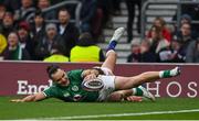 12 March 2022; James Lowe of Ireland scores his side's first try during the Guinness Six Nations Rugby Championship match between England and Ireland at Twickenham Stadium in London, England. Photo by Brendan Moran/Sportsfile