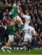 12 March 2022; Garry Ringrose of Ireland takes a restart ahead of Freddie Steward of England during the Guinness Six Nations Rugby Championship match between England and Ireland at Twickenham Stadium in London, England. Photo by Brendan Moran/Sportsfile