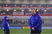 12 March 2022; Leinster head coach Leo Cullen walks the pitch before the United Rugby Championship match between Ulster and Leinster at Kingspan Stadium in Belfast. Photo by Harry Murphy/Sportsfile