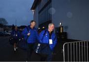 12 March 2022; Leinster senior coach Stuart Lancaster and leinster head coach Leo Cullen arrive before the United Rugby Championship match between Ulster and Leinster at Kingspan Stadium in Belfast. Photo by Harry Murphy/Sportsfile