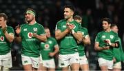 12 March 2022; Ireland players, from left, Rob Herring, Conor Murray and Joey Carbery celebrate after the Guinness Six Nations Rugby Championship match between England and Ireland at Twickenham Stadium in London, England. Photo by Brendan Moran/Sportsfile