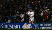 12 March 2022; Stuart McCloskey of Ulster walks out, with his son Arlo, for his 150th club appearance before the United Rugby Championship match between Ulster and Leinster at Kingspan Stadium in Belfast. Photo by Harry Murphy/Sportsfile