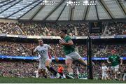 12 March 2022; James Lowe of Ireland goes over to score his side's first try during the Guinness Six Nations Rugby Championship match between England and Ireland at Twickenham Stadium in London, England. Photo by David Fitzgerald/Sportsfile