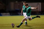 12 March 2022; Charlie Tector of Ireland kicks a penalty during the U20 Six Nations Rugby Championship match between England and Ireland at Stone X Stadium in Barnet, England. Photo by Paul Harding/Sportsfile