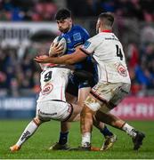 12 March 2022; Jimmy O'Brien of Leinster is tackled by Nathan Doak, left, and Alan O’Connor of Ulster during the United Rugby Championship match between Ulster and Leinster at Kingspan Stadium in Belfast. Photo by Harry Murphy/Sportsfile