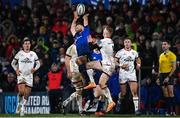 12 March 2022; Ross Byrne of Leinster and Nathan Doak of Ulster during the United Rugby Championship match between Ulster and Leinster at Kingspan Stadium in Belfast. Photo by Harry Murphy/Sportsfile