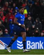 12 March 2022; Temi Lasisi of Leinster runs on for his club debut during the United Rugby Championship match between Ulster and Leinster at Kingspan Stadium in Belfast. Photo by Harry Murphy/Sportsfile