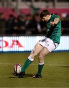12 March 2022; Charlie Tector of Ireland kicks a conversion during the U20 Six Nations Rugby Championship match between England and Ireland at Stone X Stadium in Barnet, England. Photo by Paul Harding/Sportsfile