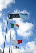 13 March 2022; The Tricolour, Ulster, Tyrone and Dublin flags flutter in the strong wind before the Allianz Football League Division 1 match between Tyrone and Dublin at O'Neill's Healy Park in Omagh, Tyrone. Photo by Ray McManus/Sportsfile