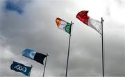 13 March 2022; The Tricolour, Tyrone, Dublin and GAA flags flutter in the strong wind before the Allianz Football League Division 1 match between Tyrone and Dublin at O'Neill's Healy Park in Omagh, Tyrone. Photo by Ray McManus/Sportsfile