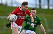 13 March 2022; Stephen Sherlock of Cork in action against Jordan Muldoon of Meath during the Allianz Football League Division 2 match between Meath and Cork at Páirc Táilteann in Navan, Meath. Photo by Brendan Moran/Sportsfile