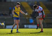 13 March 2022; Conor Cox of Roscommon and Chrissy McKaigue of Derry in conversation during the Allianz Football League Division 2 match between Roscommon and Derry at Dr Hyde Park in Roscommon. Photo by Piaras Ó Mídheach/Sportsfile