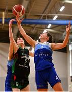 13 March 2022; Aine McKenna of The Address UCC Glanmire in action against Ella O'Donnell of Trinity Meteors during the MissQuote.ie SuperLeague match between The Address UCC Glanmire and Trinity Meteors at Mardyke Arena in Cork. Photo by Eóin Noonan/Sportsfile