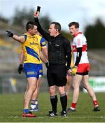 13 March 2022; Brian Stack of Roscommon is shown the black card by referee Seán Lonergan during the Allianz Football League Division 2 match between Roscommon and Derry at Dr Hyde Park in Roscommon. Photo by Piaras Ó Mídheach/Sportsfile