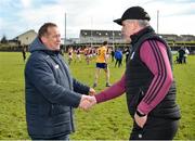 13 March 2022; Galway manager Padraic Joyce, right, shakes hands with Clare manager Colm Collins after the Allianz Football League Division 2 match between Galway and Clare at Tuam Stadium in Tuam, Galway. Photo by Ray Ryan/Sportsfile
