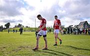 13 March 2022; Cork players Cian Kiely, left, and Joe Grimes leave the pitch after the Allianz Football League Division 2 match between Meath and Cork at Páirc Táilteann in Navan, Meath. Photo by Brendan Moran/Sportsfile