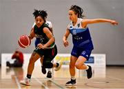 13 March 2022; Takyra Gilbert of Trinity Meteors in action against Abby Furlong of The Address UCC Glanmire during the MissQuote.ie SuperLeague match between The Address UCC Glanmire and Trinity Meteors at Mardyke Arena in Cork. Photo by Eóin Noonan/Sportsfile