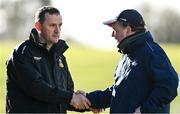 13 March 2022; Meath manager Andy McEntee, left, shakes hands with Cork manager Keith Ricken after the Allianz Football League Division 2 match between Meath and Cork at Páirc Táilteann in Navan, Meath. Photo by Brendan Moran/Sportsfile