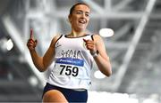 13 March 2022; Lauren Cadden of Sligo AC, celebrates after winning the under 23 women's 200m final during the Irish Life Health National Indoor Junior and U23 Championships at AIT International Arena in Athlone, Westmeath. Photo by Ben McShane/Sportsfile