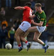 13 March 2022; Thomas O'Reilly of Meath has a shot blocked by Colm O’Callaghan of Cork during the Allianz Football League Division 2 match between Meath and Cork at Páirc Táilteann in Navan, Meath. Photo by Brendan Moran/Sportsfile