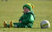 13 March 2022; Sé Walsh-Rooney from Mornington in Meath, takes part in the &quot;bring a ball&quot; initiative at half-time in the Allianz Football League Division 2 match between Meath and Cork at Páirc Táilteann in Navan, Meath. Photo by Brendan Moran/Sportsfile