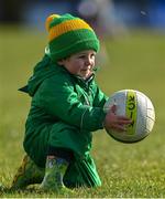 13 March 2022; Sé Walsh-Rooney from Mornington in Meath, takes part in the &quot;bring a ball&quot; initiative at half-time in the Allianz Football League Division 2 match between Meath and Cork at Páirc Táilteann in Navan, Meath. Photo by Brendan Moran/Sportsfile