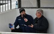 13 March 2022; Cork County Board chairman Marc Sheehan is interviewed by Michael Scanlon of C103 radio station after the Allianz Football League Division 2 match between Meath and Cork at Páirc Táilteann in Navan, Meath. Photo by Brendan Moran/Sportsfile