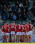 13 March 2022; The Cork team huddle at half-time in the Allianz Football League Division 2 match between Meath and Cork at Páirc Táilteann in Navan, Meath. Photo by Brendan Moran/Sportsfile