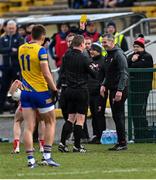 13 March 2022; Derry manager Rory Gallagher is shown a yellow card by referee Seán Lonergan during the Allianz Football League Division 2 match between Roscommon and Derry at Dr Hyde Park in Roscommon. Photo by Piaras Ó Mídheach/Sportsfile