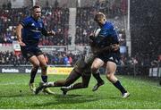 12 March 2022; Tommy O'Brien of Leinster is tackled by Robert Baloucoune of Ulster during the United Rugby Championship match between Ulster and Leinster at Kingspan Stadium in Belfast. Photo by Harry Murphy/Sportsfile