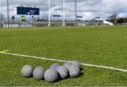 13 March 2022; Medicine balls pitchside for the Derry warm-up before the Allianz Football League Division 2 match between Roscommon and Derry at Dr Hyde Park in Roscommon. Photo by Piaras Ó Mídheach/Sportsfile