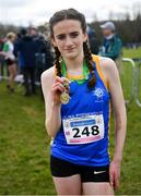 12 March 2022; Niamh Garvey of Killina SS, Offaly, after winning the junior girls 2500m during the Irish Life Health All-Ireland Schools Cross Country at the City of Belfast Mallusk Playing Fields in Belfast. Photo by Ramsey Cardy/Sportsfile