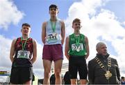 12 March 2022; Rhys Johnson, Pipers Hill College Naas, Kildare, Sean Corry of St Michael's College, Enniskillen, Fermanagh, and Jamie Wallace of  Coláiste Mhuire, Mullingar, Westmeath, after competing in the junior boys 3500m during the Irish Life Health All-Ireland Schools Cross Country at the City of Belfast Mallusk Playing Fields in Belfast. Photo by Ramsey Cardy/Sportsfile