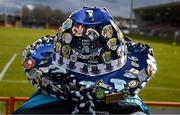 13 March 2022; A Dublin supporter, with his hat laden with badges, on the terrace before the Allianz Football League Division 1 match between Tyrone and Dublin at O'Neill's Healy Park in Omagh, Tyrone. Photo by Ray McManus/Sportsfile