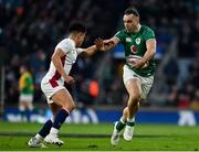 12 March 2022; James Lowe of Ireland in action against Marcus Smith of England during the Guinness Six Nations Rugby Championship match between England and Ireland at Twickenham Stadium in London, England. Photo by Brendan Moran/Sportsfile