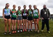 12 March 2022; On the podium after the senior girls 3500m, from left, Hannah Kehoe of Loreto, Kilkenny, Muireann Duffy of Loreto Clonmel, Tipperary, Kirsti Foster of Down High School, Downpatrick, Down, Emma McEvoy of Loreto Stephens Green, Dublin, Rebecca Rossiter of Down High School, Downpatrick, Down, and Roise Roberts of Dominican College, Fortwilliam, Belfast, during the Irish Life Health All-Ireland Schools Cross Country at the City of Belfast Mallusk Playing Fields in Belfast. Photo by Ramsey Cardy/Sportsfile