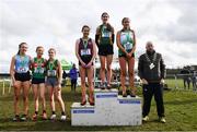 12 March 2022; On the podium after the senior girls 3500m, from left, Hannah Kehoe of Loreto, Kilkenny, Muireann Duffy of Loreto Clonmel, Tipperary,Kirsti Foster of Down High School, Downpatrick, Down, Emma McEvoy of Loreto Stephens Green, Dublin, Rebecca Rossiter of Down High School, Downpatrick, Down, and Roise Roberts of Dominican College, Fortwilliam, Belfast, during the Irish Life Health All-Ireland Schools Cross Country at the City of Belfast Mallusk Playing Fields in Belfast. Photo by Ramsey Cardy/Sportsfile