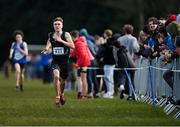 12 March 2022; Scott Fagan of Castleknock CC, Dublin, on his way to winning the senior boys 6500m during the Irish Life Health All-Ireland Schools Cross Country at the City of Belfast Mallusk Playing Fields in Belfast. Photo by Ramsey Cardy/Sportsfile
