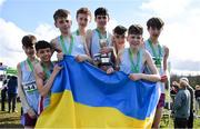 12 March 2022; On the podium after the junior boys race are St Michael's College, Enniskillen, Fermanagh, during the Irish Life Health All-Ireland Schools Cross Country at the City of Belfast Mallusk Playing Fields in Belfast. Photo by Ramsey Cardy/Sportsfile