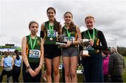 12 March 2022; On the podium after the senior girls race, are, Down High School, Downpatrick, during the Irish Life Health All-Ireland Schools Cross Country at the City of Belfast Mallusk Playing Fields in Belfast. Photo by Ramsey Cardy/Sportsfile