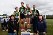 12 March 2022; On the podium after the senior girls race, are, Down High School, Downpatrick, during the Irish Life Health All-Ireland Schools Cross Country at the City of Belfast Mallusk Playing Fields in Belfast. Photo by Ramsey Cardy/Sportsfile