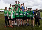 12 March 2022; On the podium after the inter boys race, are, St Colmans Fermoy, Cork, Coláiste Mhuire, Mullingar, Westmeath, and Rathmore Grammar School, Belfast, during the Irish Life Health All-Ireland Schools Cross Country at the City of Belfast Mallusk Playing Fields in Belfast. Photo by Ramsey Cardy/Sportsfile