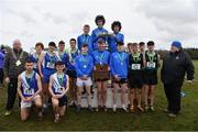 12 March 2022; On the podium after the senior boys race, are, Ard Scoil Ris, Dublin, St Flannans Ennis, Clare, and Castleknock CC, Dublin, during the Irish Life Health All-Ireland Schools Cross Country at the City of Belfast Mallusk Playing Fields in Belfast. Photo by Ramsey Cardy/Sportsfile